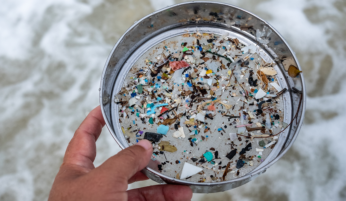 Environmentalists filter the microplastic waste contaminating the seaside sand.